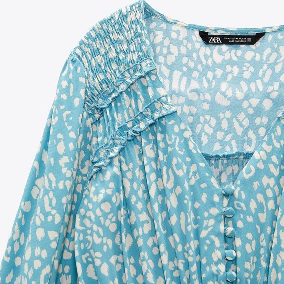 NEW Zara Animal Leopard Print V Neck Layered Ruffle Skirt Cute Mini Dress Blue S - Picture 7 of 10